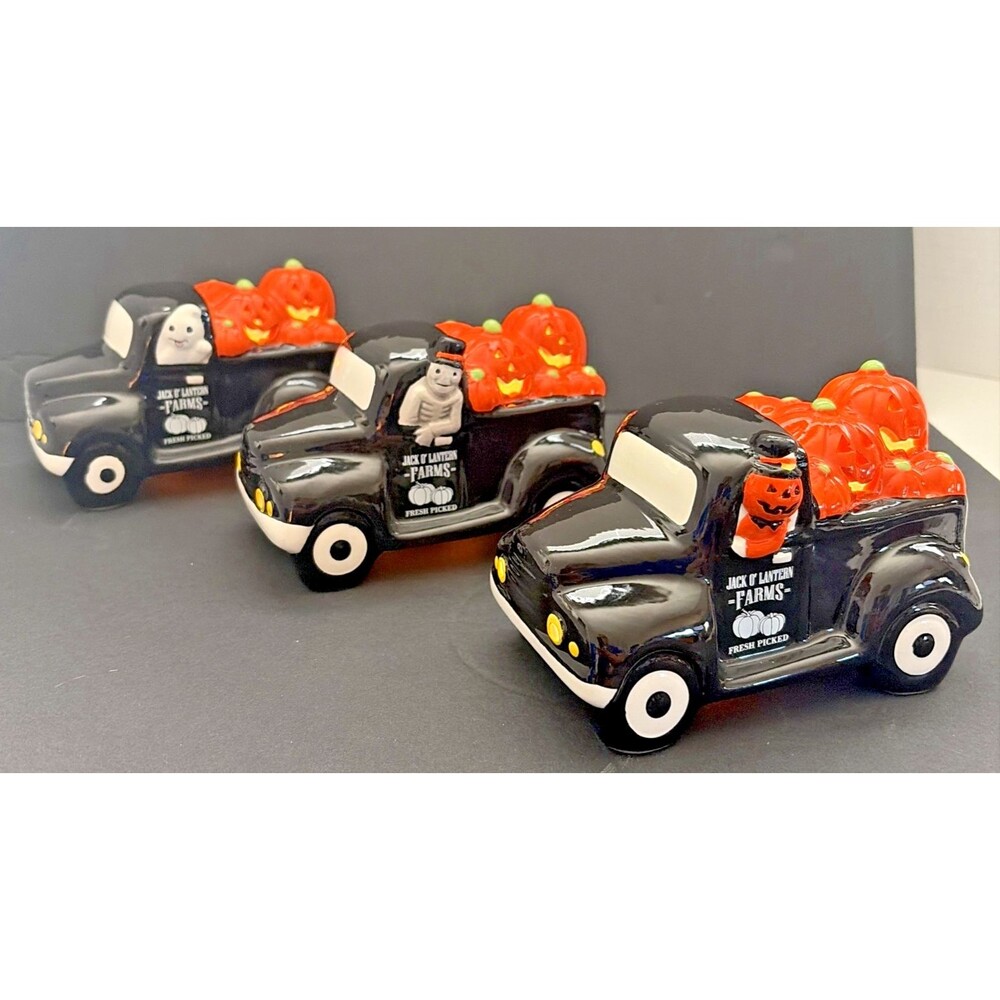 Mr. Halloween Set of 3 Ceramic LED Trucks Ghost Skeleton Jack O' Lantern NWOB